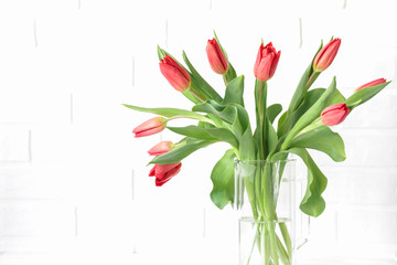 Beautiful bouquet of red tulips in a vase isolated on the white background with copy space for your text.