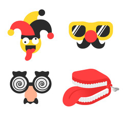 Set april foll's day stuff with jester in hat, glasses with nose and false teeth with tongue