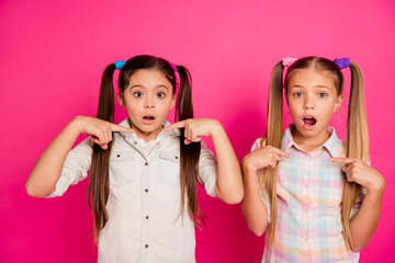 Close up photo two small little age she her girls it was not us we are good pupils daughters...