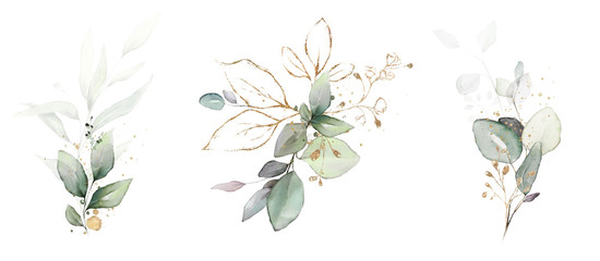  watercolor arrangements with leaves, herbs.  herbal illustration. Botanic composition for wedding, greeting card. - obrazy, fototapety, plakaty
