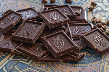 Black chocolate bars. Selective focus.