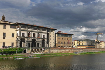View of the Uffizi gallery from the Arno river; Florence, Italy
