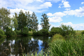 Fototapeta na wymiar Lake image. Forest Lake. Summer landscape. The lake is surrounded by trees.