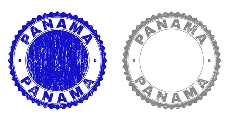Grunge PANAMA stamp seals isolated on a white background. Rosette seals with grunge texture in blue and grey colors. Vector rubber stamp imitation of PANAMA text inside round rosette.