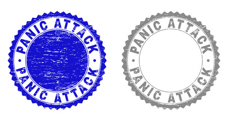 Grunge PANIC ATTACK stamp seals isolated on a white background. Rosette seals with grunge texture in blue and gray colors. Vector rubber watermark of PANIC ATTACK label inside round rosette.