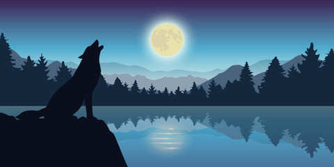 wolf howls at full moon by the lake nature landscape vector illustration EPS10 © krissikunterbunt