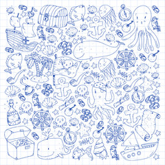 Ocean and sea for children. Pattern for boys. Pirate party. Cute fishes, animals, treasures. Kids vacation pattern, beach toys and elements.
