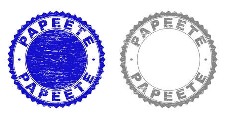 Grunge PAPEETE stamp seals isolated on a white background. Rosette seals with grunge texture in blue and grey colors. Vector rubber stamp imitation of PAPEETE text inside round rosette.