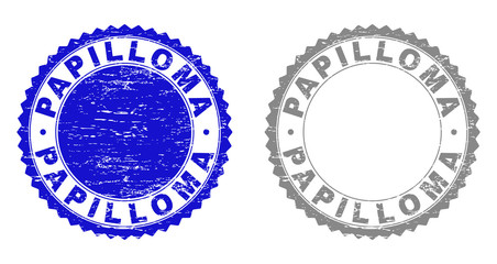 Grunge PAPILLOMA stamp seals isolated on a white background. Rosette seals with grunge texture in blue and gray colors. Vector rubber stamp imitation of PAPILLOMA label inside round rosette.