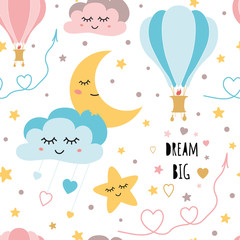 Lovely childish background made of cartoon signs: stars clouds moon air ballon vector pattern