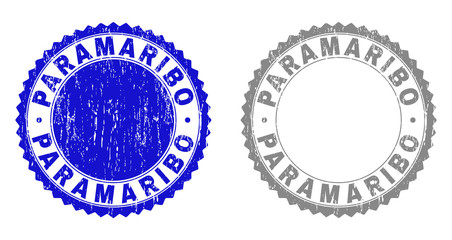 Grunge PARAMARIBO stamp seals isolated on a white background. Rosette seals with grunge texture in blue and grey colors. Vector rubber stamp imprint of PARAMARIBO label inside round rosette.