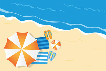 summer holiday on the beach top view with parasol flip flops and ball vector illustration EPS10