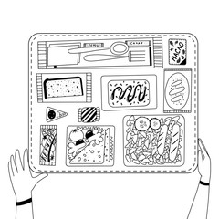 Someone going to eat airline food. Lunch on a board. Black and white illustration for coloring book. Vector outline illustration