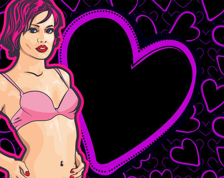 Pretty lady underwear. Short cuts hair. Vector stock image. Hearts seamless on the background.