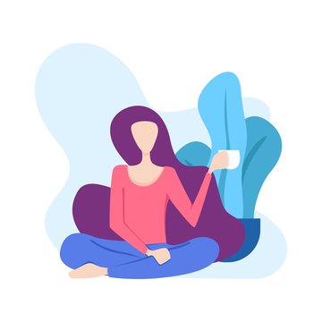 illustration of a woman sitting relaxed drinking a glass of coffee or tea in front of a tree. can for modern webpages and additional illustrations in other images. file size is 500kb.