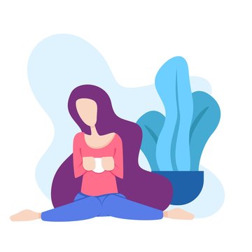 illustration of a woman sitting relaxed drinking a glass of coffee or tea in front of a tree. can for modern webpages and additional illustrations in other images. file size is 500kb.