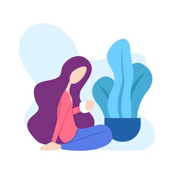 illustration of a woman sitting relaxed drinking a glass of coffee or tea in front of a tree. can for modern webpages and additional illustrations in other images. file size is 500kb.