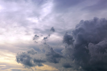 Gray rainy sky with big clouds. Nature background.