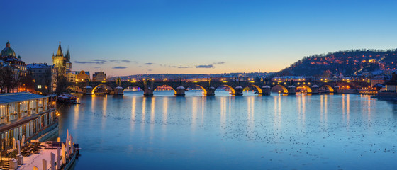 Panoramic VIew of Charles Bridge at Night, Prague - Czech Republic