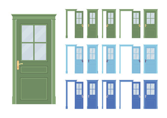 Doors classic set, wooden half glass, entrance to a building, room. Home, office design project idea. Vector flat style cartoon illustration isolated on white background, different views, open, closed
