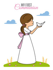 My first communion. Little girl with pigeon. Space for text