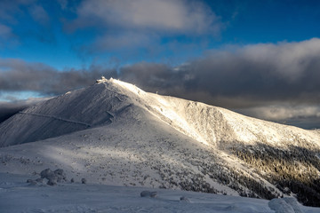 Snow covered landscape in mountains.