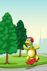 Turtle playing skateboard at the park
