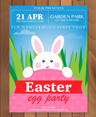 Vector Easter Party Flyer Illustration with painted eggs, grass, rabbit and typography elements on nature blue background. Spring holiday celebration poster design template.