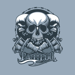 Tattoo machines and three Skulls with beautiful lettering. Monochrome tattoo style.