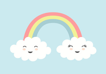 Cute clouds with smiling faces and rainbow on blue sky background. 