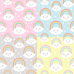 Set of seamless patterns with cute clouds, rainbow and stars. Nursery background for kids textile, wrapping paper, wallpaper.