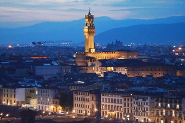 Aerial view of Palazzo Vecchio at night, Florence, Italy