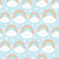 Seamless pattern with cute clouds, rainbow and stars. Nursery background for kids textile, wrapping paper, wallpaper.