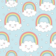Seamless pattern with cute clouds, rainbow and stars. Nursery background for kids textile, wrapping paper, wallpaper.
