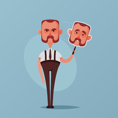 Funny Character. Angry Boss Holding Mask with His Smiling Face. Cartoon Style. Vector Illustration