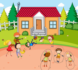 Obraz na płótnie Canvas Children play infront of house