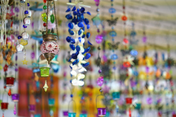 Beautiful color effects in souvenir shops in Mykonos in the Cyclades