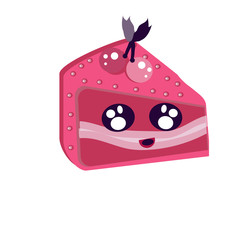 Set of cute sweet icons in kawaii style with smiling face and pink cheeks for sweet design. Donuts, candy, cap for food illustration