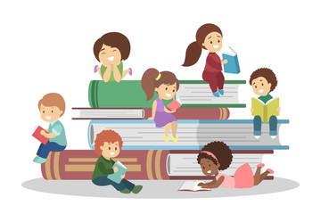 Little children sitting on a book stack and reading
