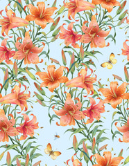 Fototapeta na wymiar Lilies seamless background pattern. Version 4