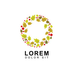 Autumn logos with brown and green leaves, forests, cherries, seasonal scenery. designed for environmental and health safety. suitable for botanical, agricultural and organic plant businesses