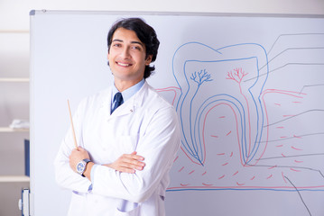 Young handsome dentist in front of the whiteboard