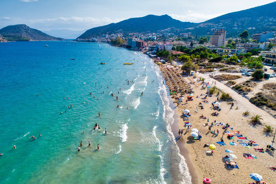 Top view of Tolo beach or "Psili Ammos" is from the most popular tourist resorts of Argolida in Peloponnese, Greece