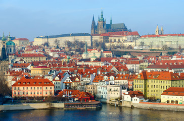 Fototapeta na wymiar Beautiful view of embankment of Vltava River, Kampa Island, historic district Mala Strana, Prague Castle, Prague