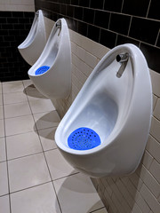 Row of shiny urinals with blue urinal screens in the gentlemen's toilets at a restaurant