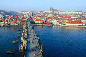Fototapeta na wymiar Beautiful top view of Charles Bridge, Vltava River Embankment, Kampa Island, Prague Castle, Prague, Czech Republic