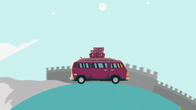 Cartoon car traveling around the globe with famous landmarks.