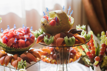 Wedding buffet table with different variety of fresh fruits