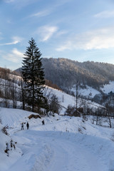 Friends on a mountain hike in the winter holiday