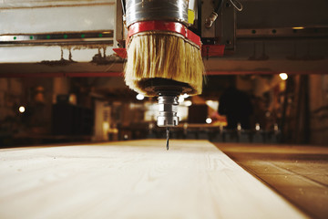 Cnc machine working, cutting wood. Woodwork industry.